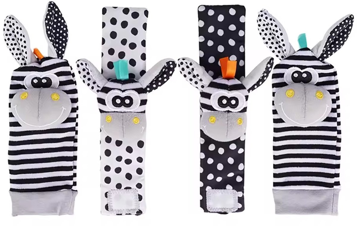 Babyrammelaar Set – 2 Polsrammelaars & 2 Sokken | Zwart-Wit | Voor Baby’s 0-6 Maanden